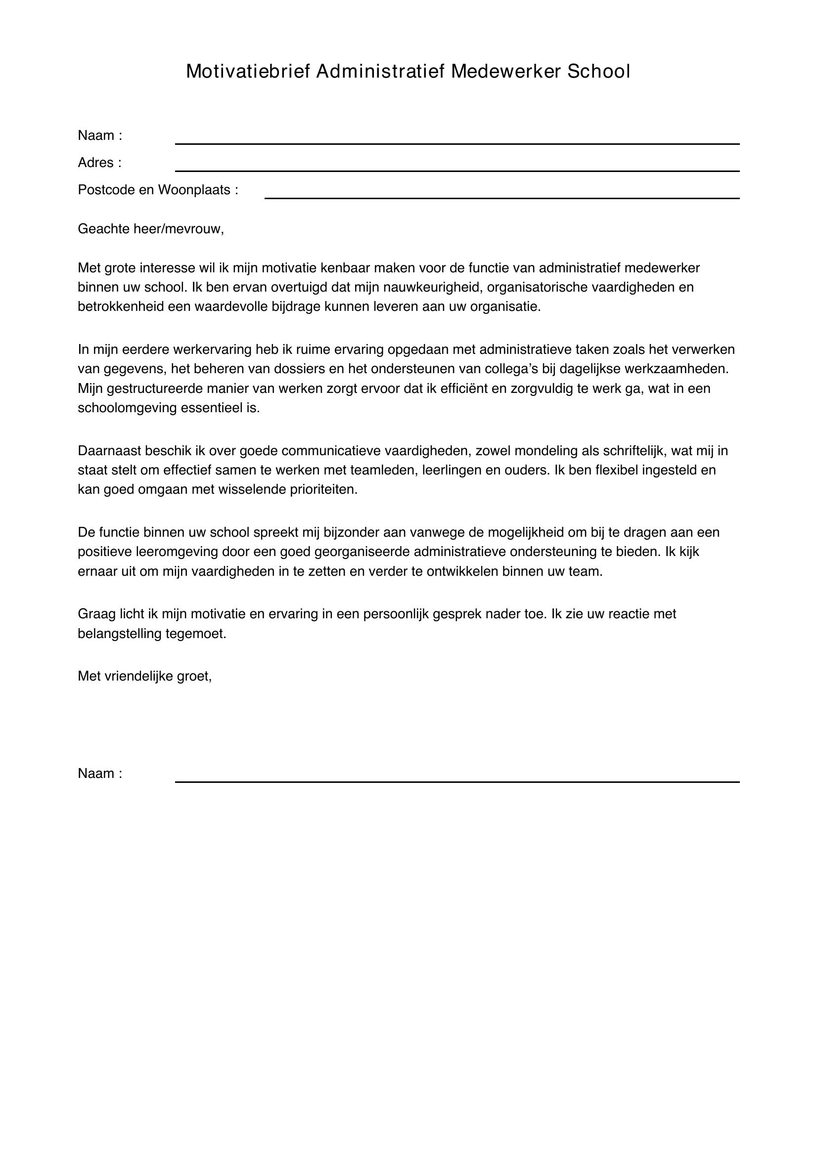 Motivatiebrief Administratief Medewerker School