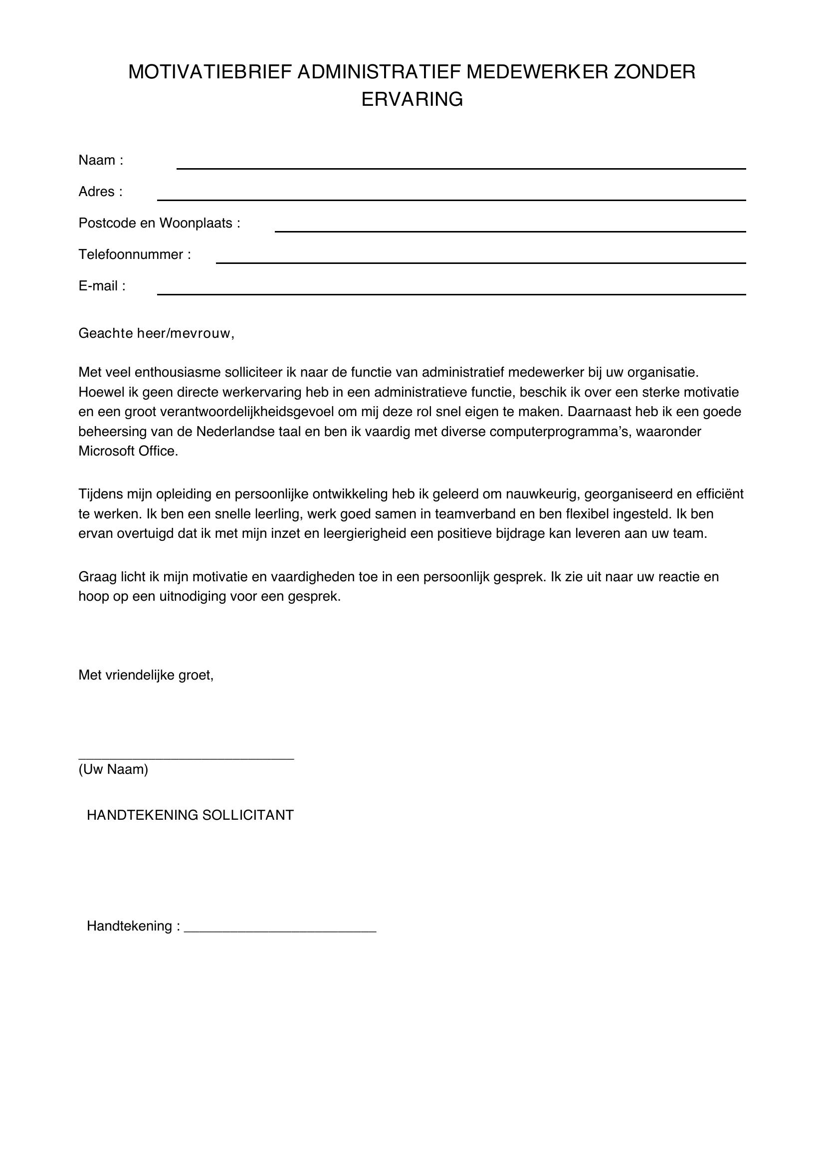 Motivatiebrief Administratief Medewerker Zonder Ervaring
