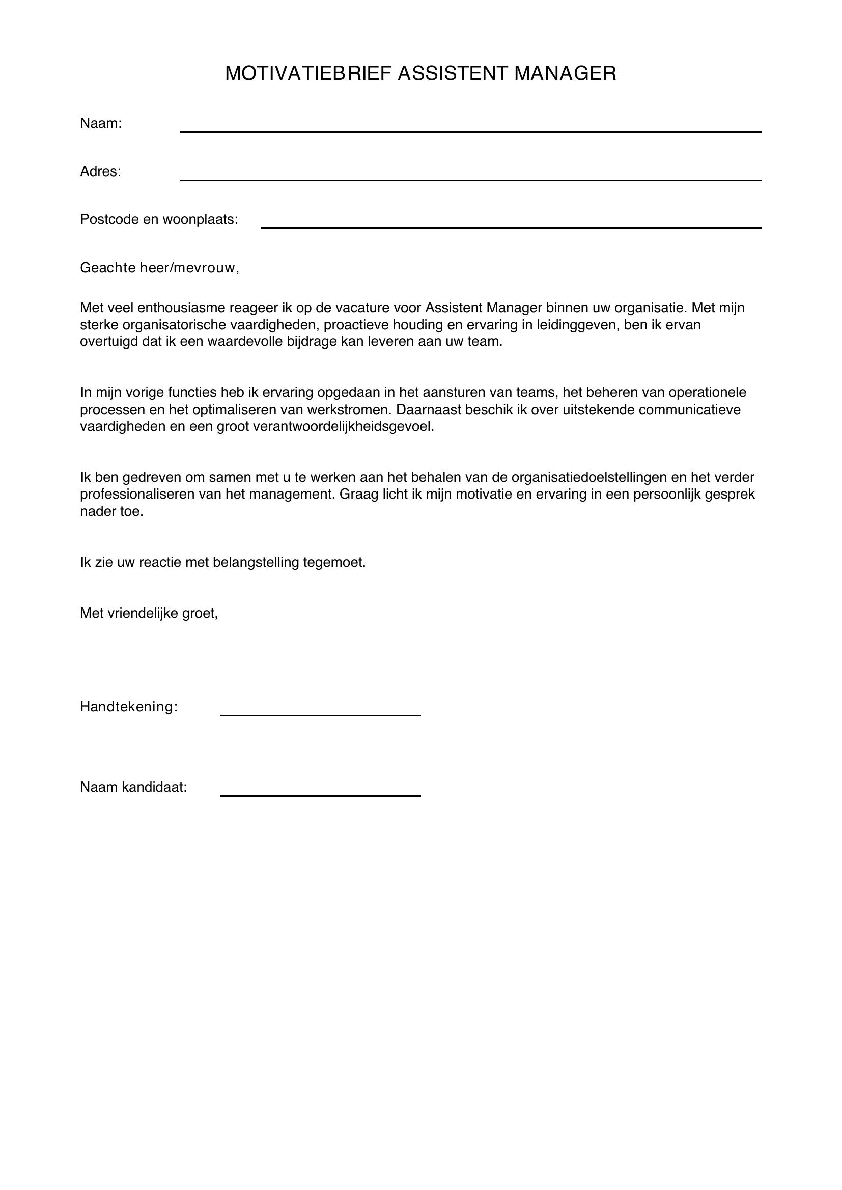 Motivatiebrief Assistent Manager