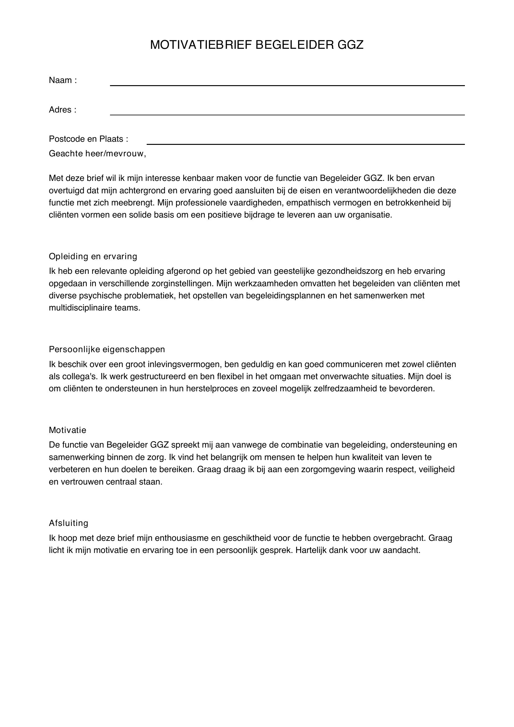 Motivatiebrief Begeleider Ggz