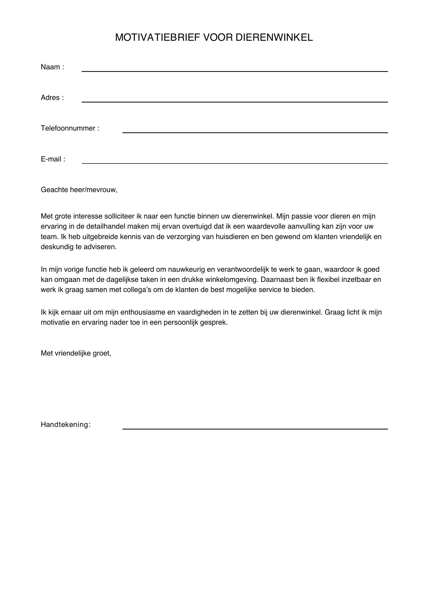 Motivatiebrief Dierenwinkel