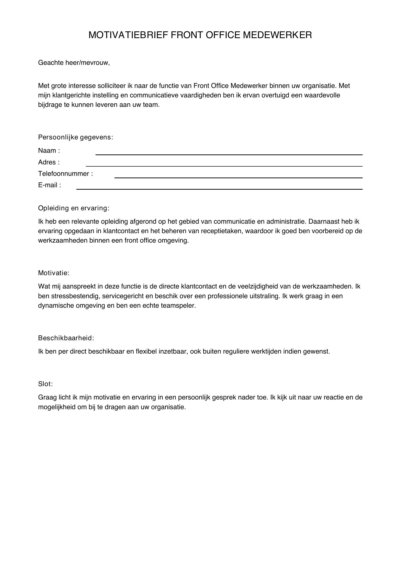 Motivatiebrief Front Office Medewerker