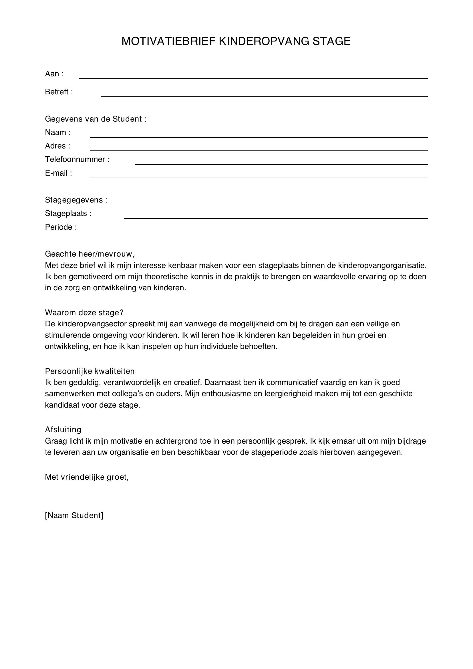 Motivatiebrief Kinderopvang Stage