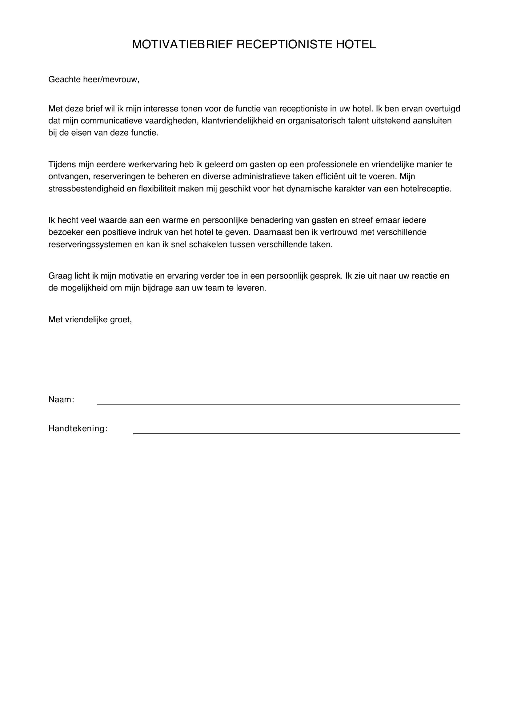 Motivatiebrief Receptioniste Hotel