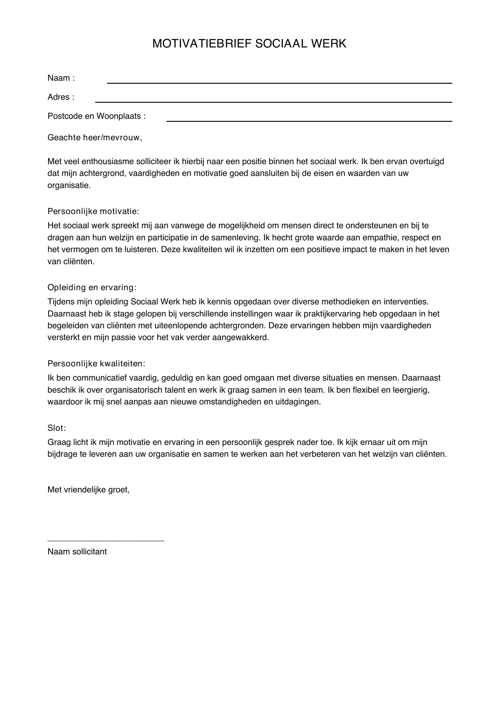Motivatiebrief Sociaal Werk