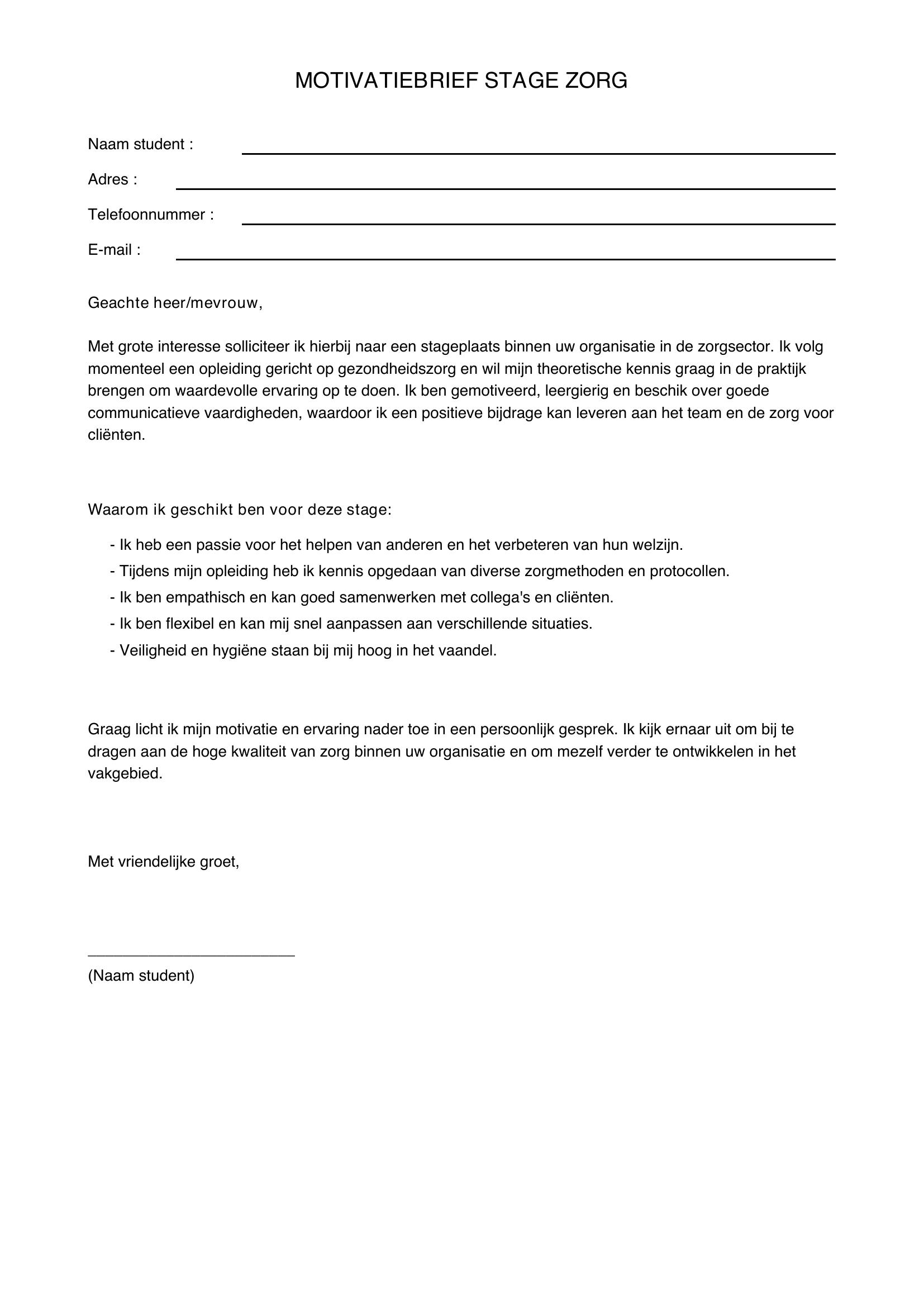 Motivatiebrief Stage Zorg