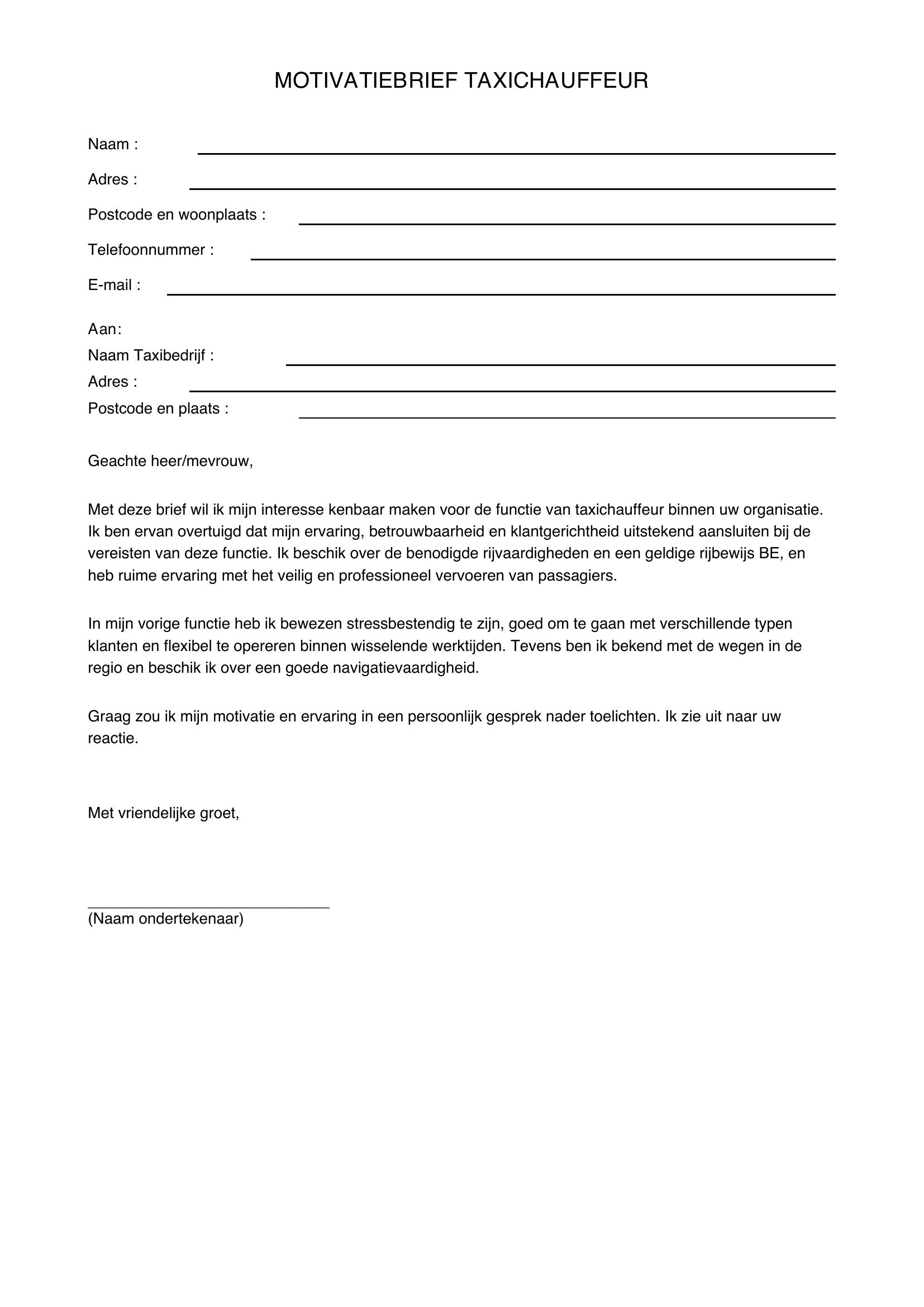 Motivatiebrief Taxichauffeur