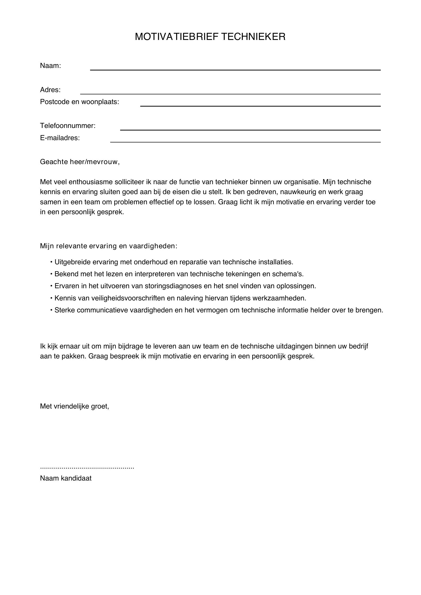Motivatiebrief Technieker