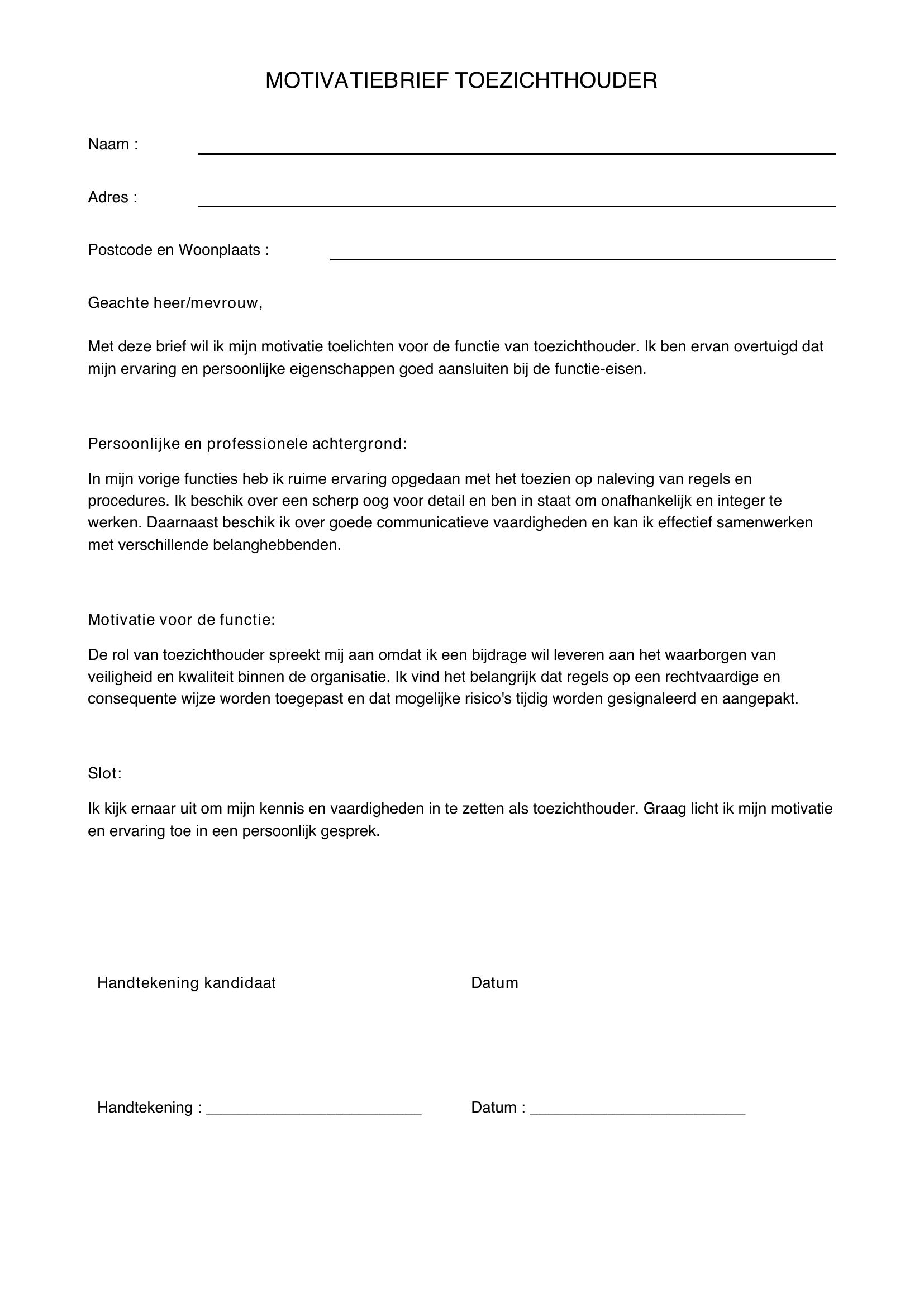 Motivatiebrief Toezichthouder