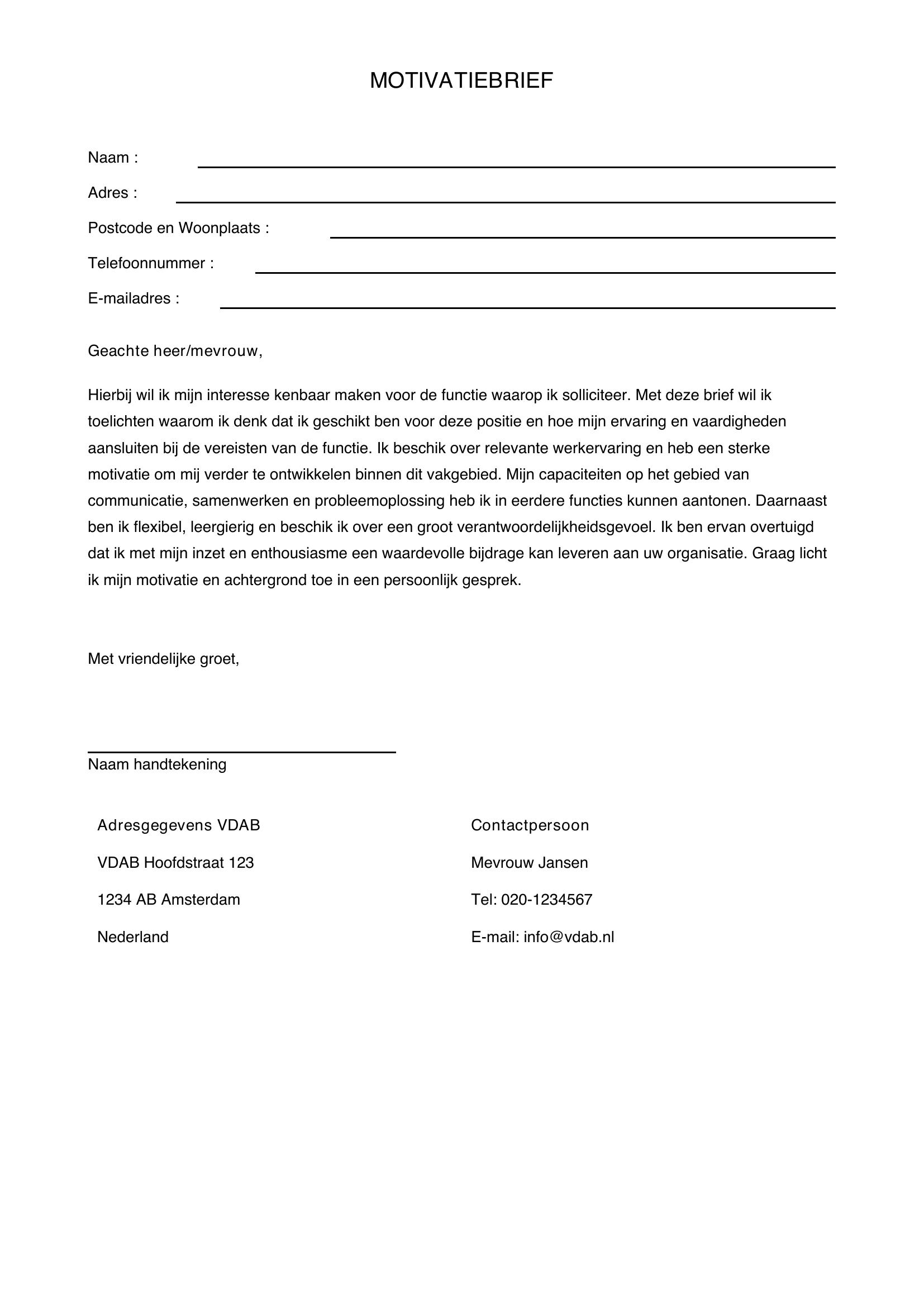 Motivatiebrief Voorbeeld Vdab