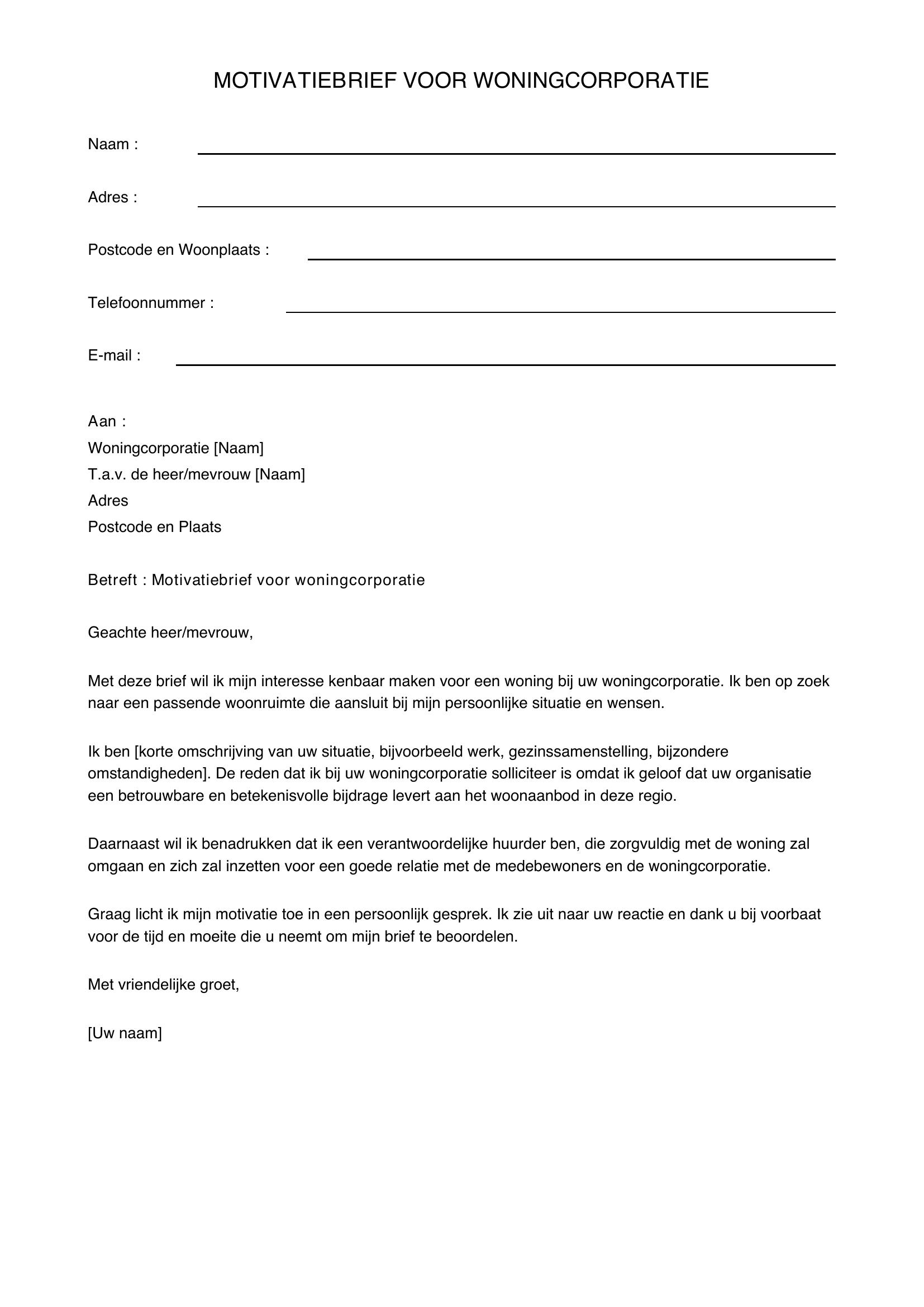 Motivatiebrief Woningcorporatie